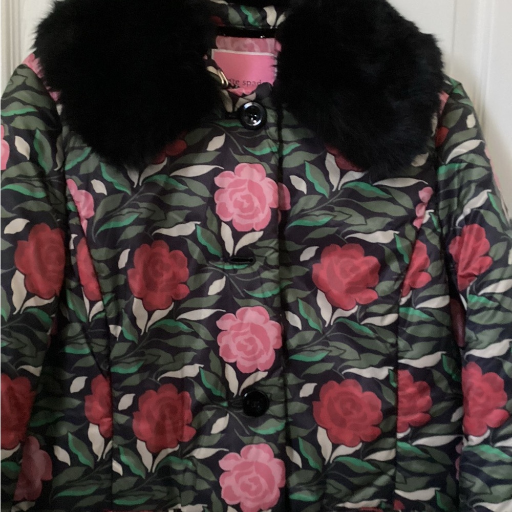 Floral Women's Jacket with Black Fur Collar